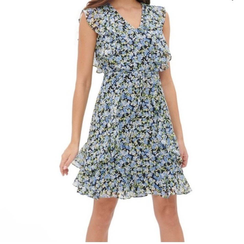 Tommy Hilfiger Floral Fit and Flare Blue Chiffon Dress 12